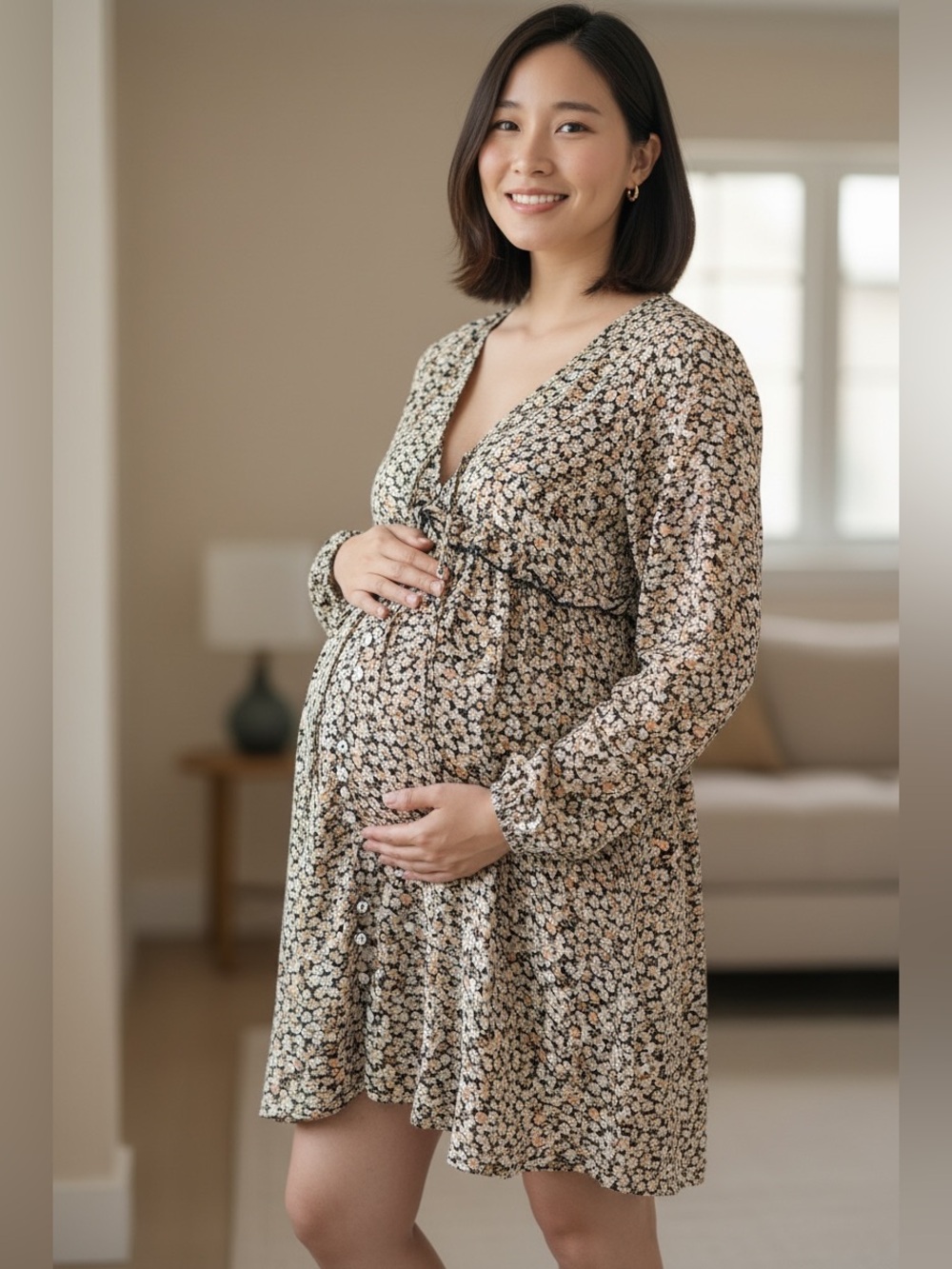 Destination Maternity Black and Cream Floral Long Sleeve Wrap Dress